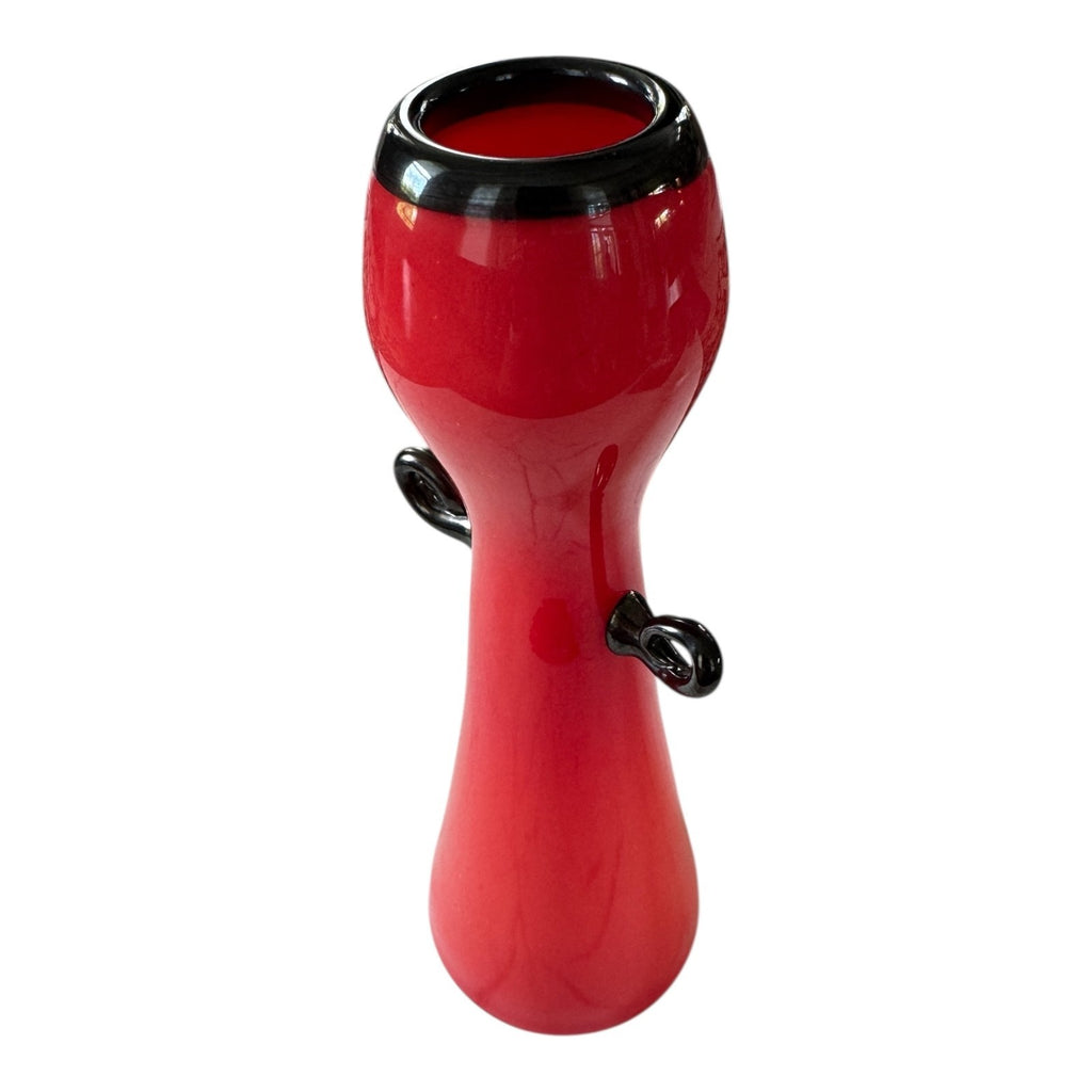 Vintage Red Handblown Art Glass Vase with Black Scroll Handles