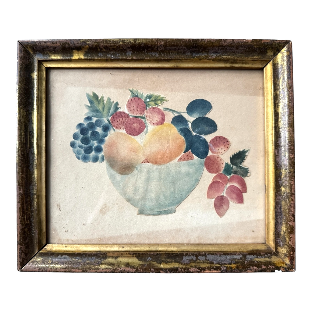 Antique Folk Art Watercolor Still Life Painting of Fruit Bowl - Gilt Wood Frame