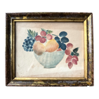 Antique Folk Art Watercolor Still Life Painting of Fruit Bowl - Gilt Wood Frame