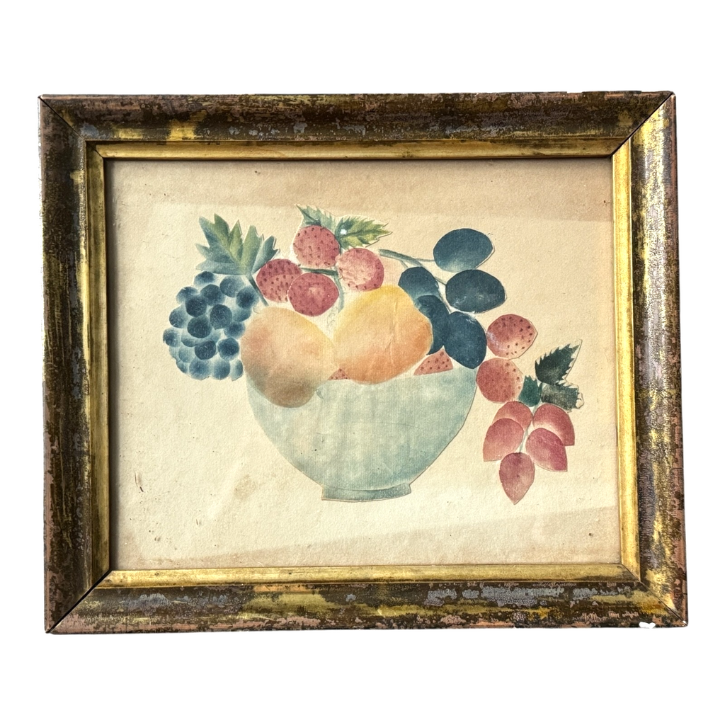 Antique Folk Art Watercolor Still Life Painting of Fruit Bowl - Gilt Wood Frame