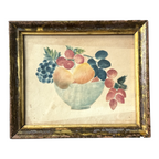 Antique Folk Art Watercolor Still Life Painting of Fruit Bowl - Gilt Wood Frame