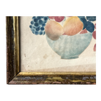Antique Folk Art Watercolor Still Life Painting of Fruit Bowl - Gilt Wood Frame