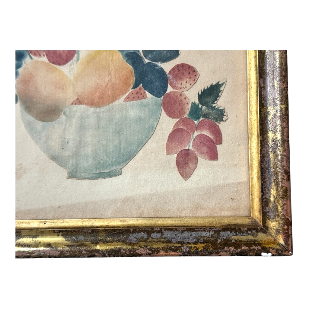 Antique Folk Art Watercolor Still Life Painting of Fruit Bowl - Gilt Wood Frame