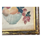 Antique Folk Art Watercolor Still Life Painting of Fruit Bowl - Gilt Wood Frame
