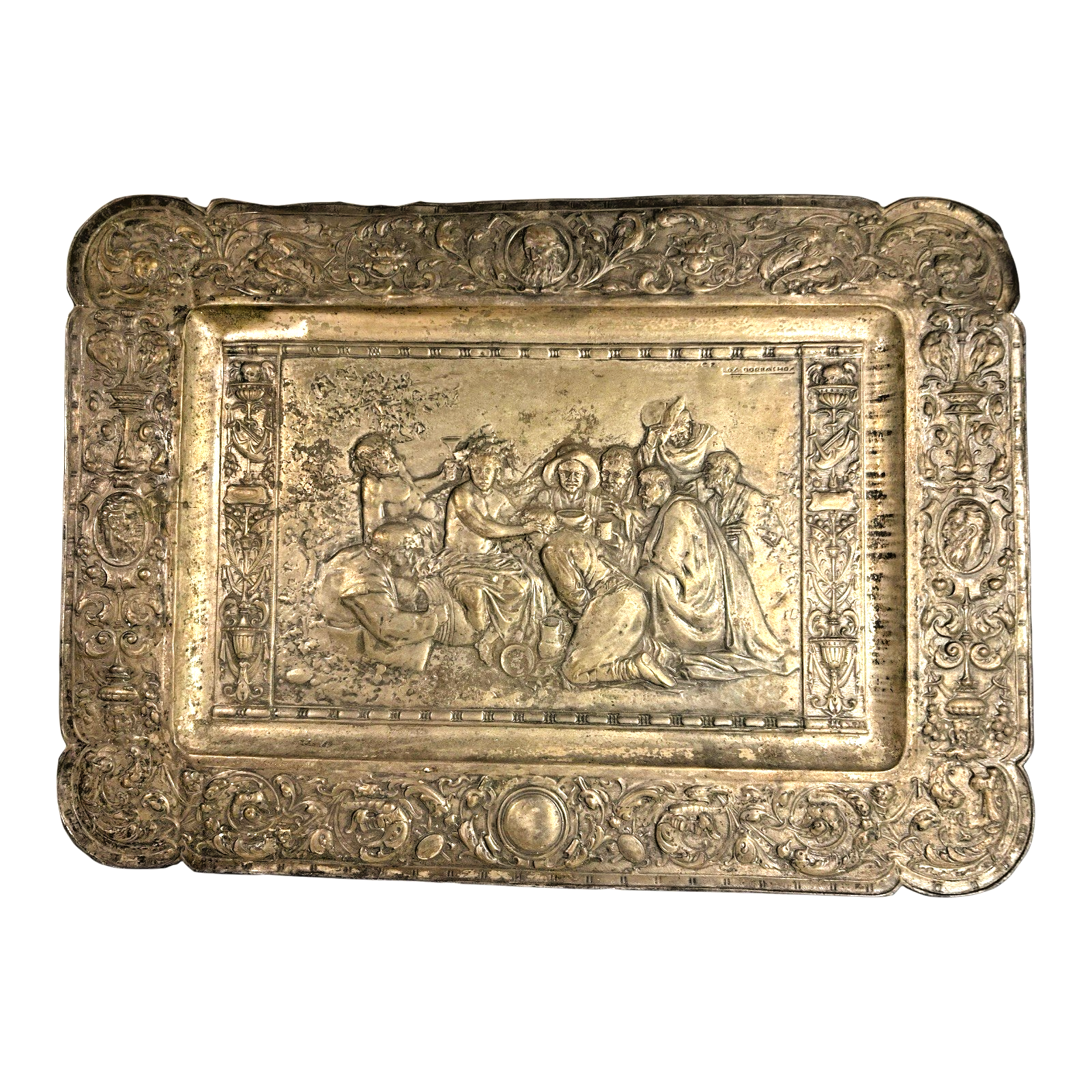 Antique Repousse Copper Relief Plaque Classical Figural Scene Wall Hanging