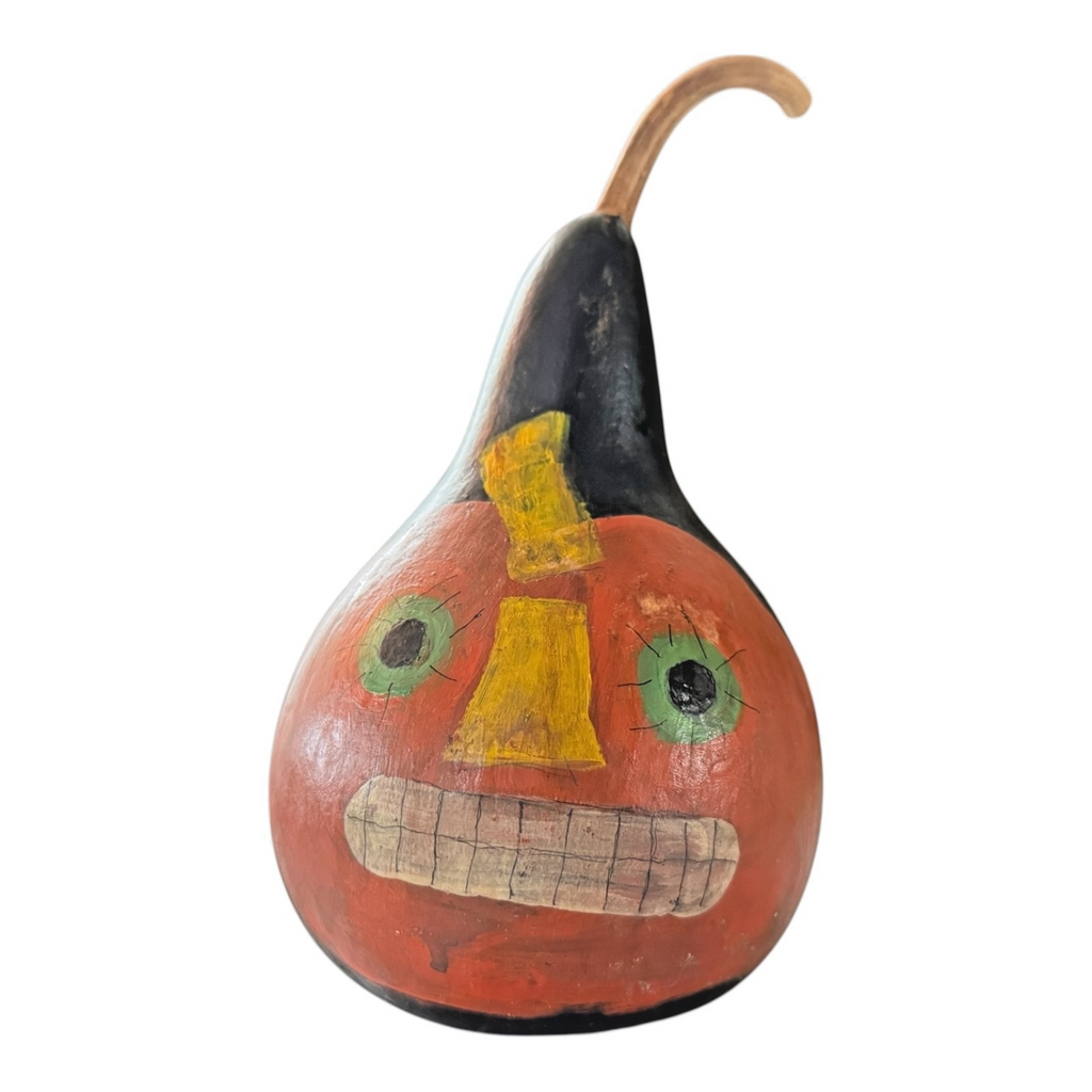 Vintage Folk Art Halloween Hand Painted Gourd - Jack O Lantern Face