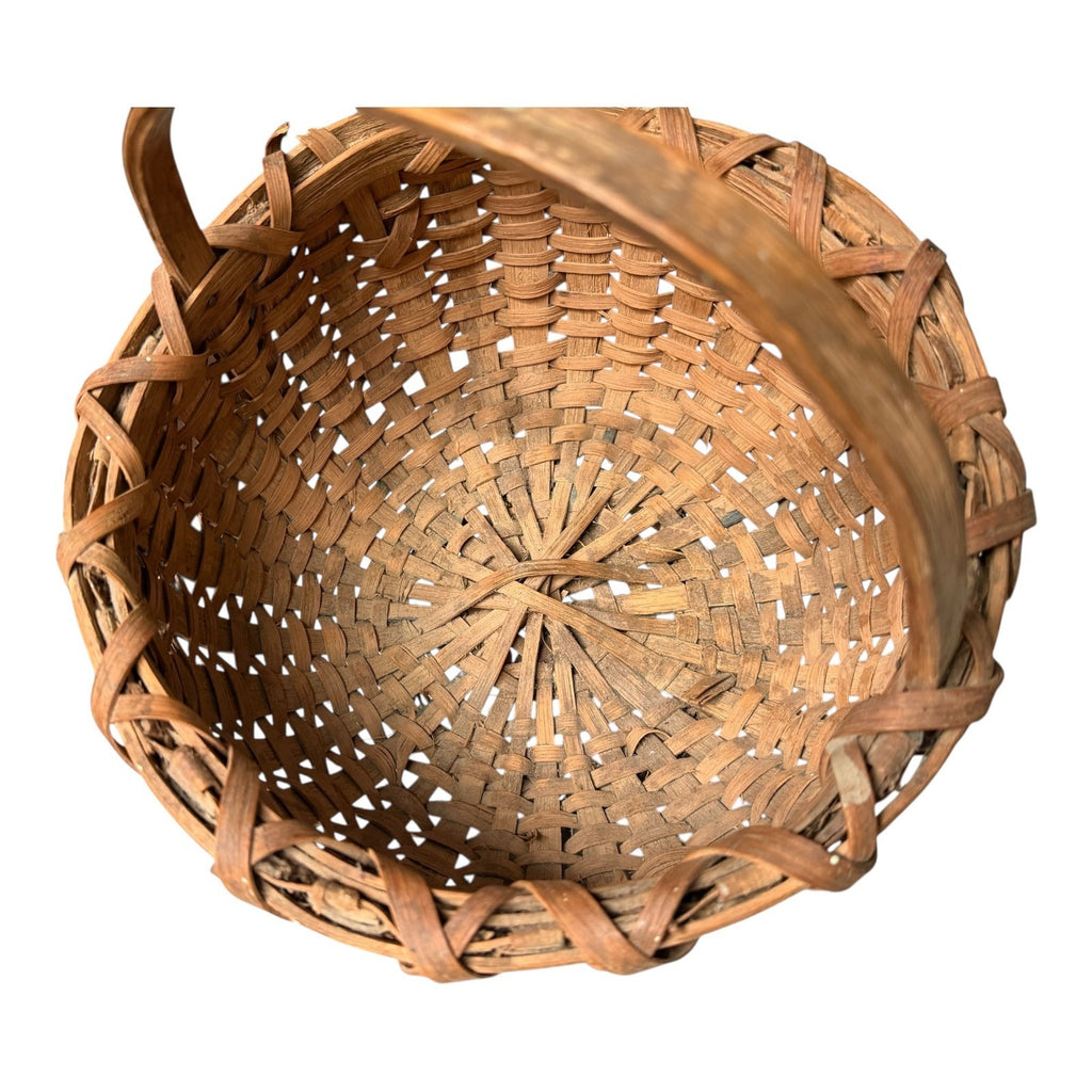Vintage Handwoven Split Oak Buttocks Gathering Basket with Blue Accent
