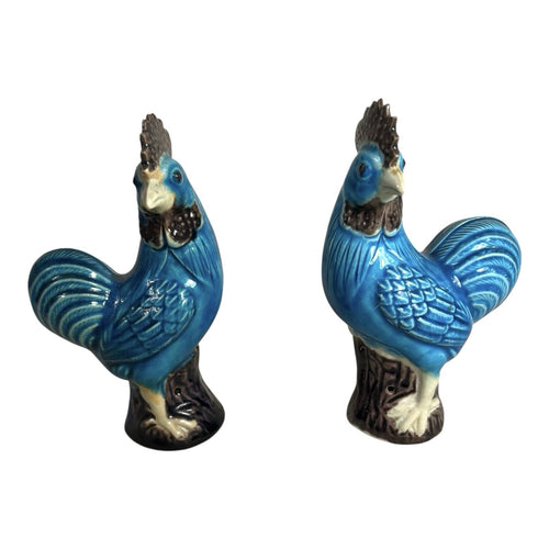 Antique Chinese Export Blue Turquoise Chickens Lot of 2