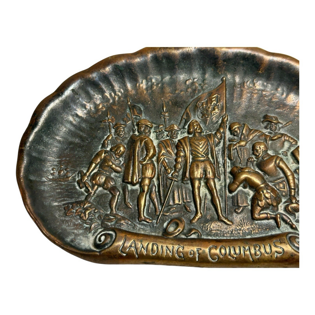 Antique Brass Landing of Christopher Columbus Bas Relief Dish