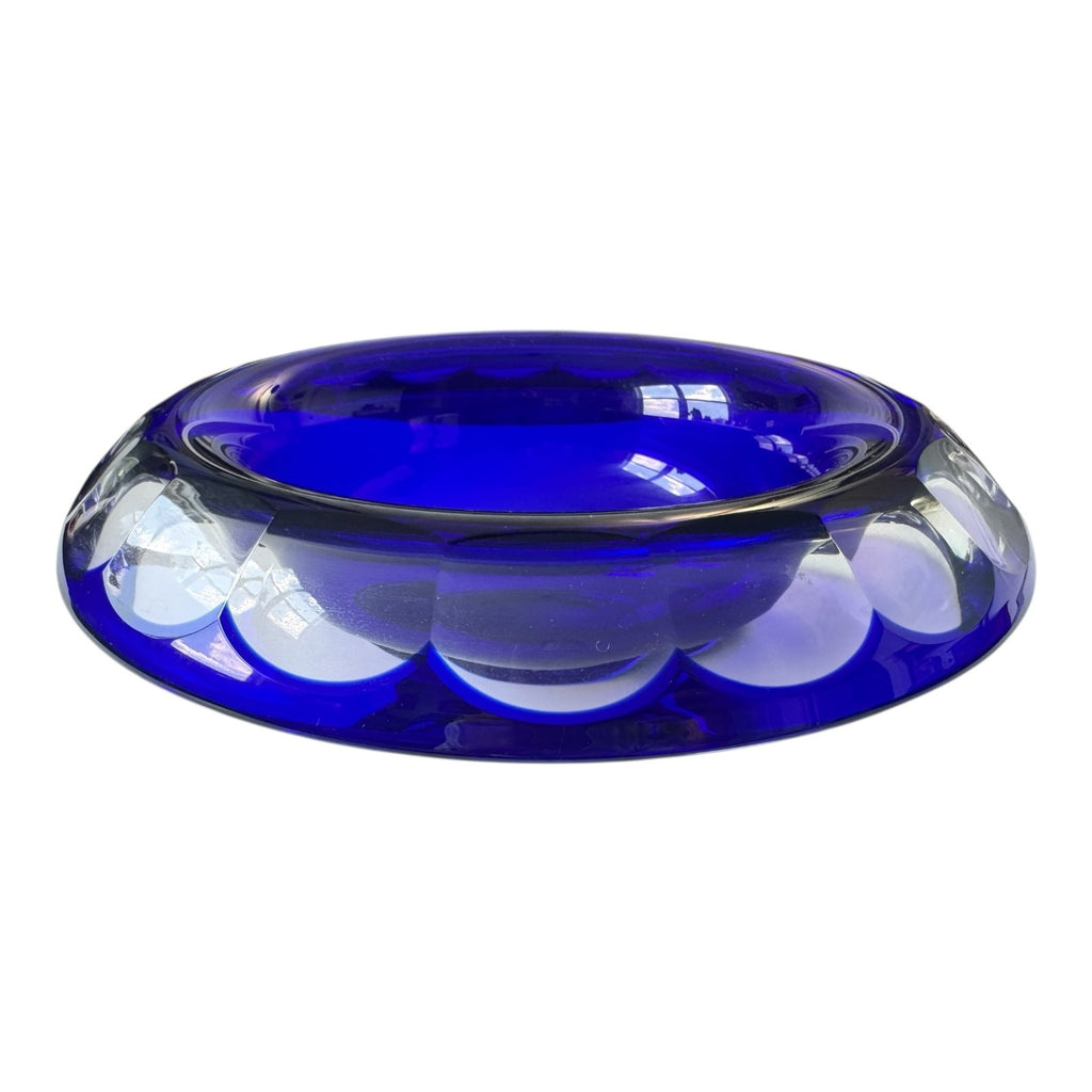 Vintage Moser Cut to Clear Blue Art Glass Centerpiece Bowl with Rolled Rim