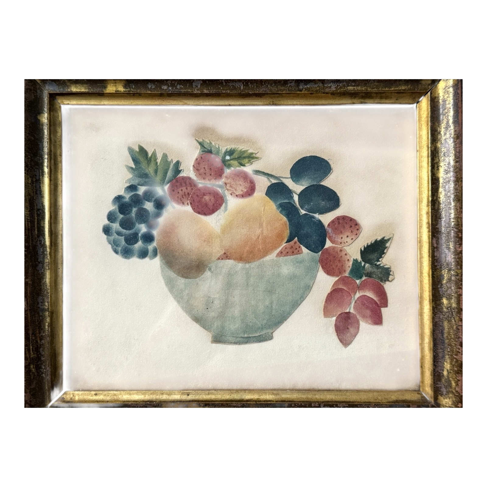 Antique Folk Art Watercolor Still Life Painting of Fruit Bowl - Gilt Wood Frame