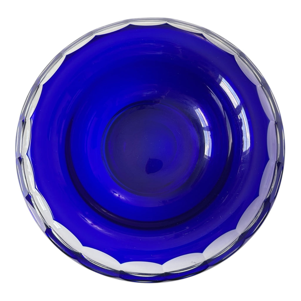 Vintage Moser Cut to Clear Blue Art Glass Centerpiece Bowl with Rolled Rim