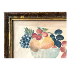 Antique Folk Art Watercolor Still Life Painting of Fruit Bowl - Gilt Wood Frame