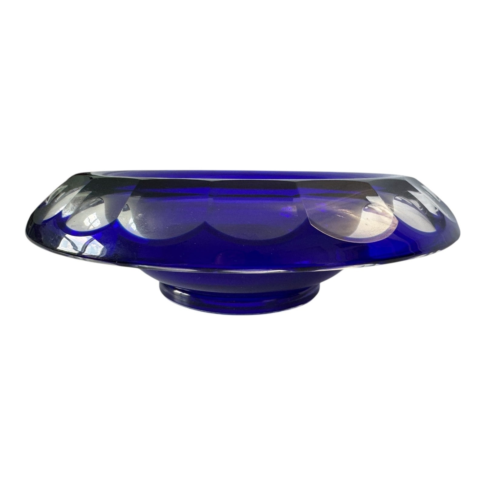 Vintage Moser Cut to Clear Blue Art Glass Centerpiece Bowl with Rolled Rim