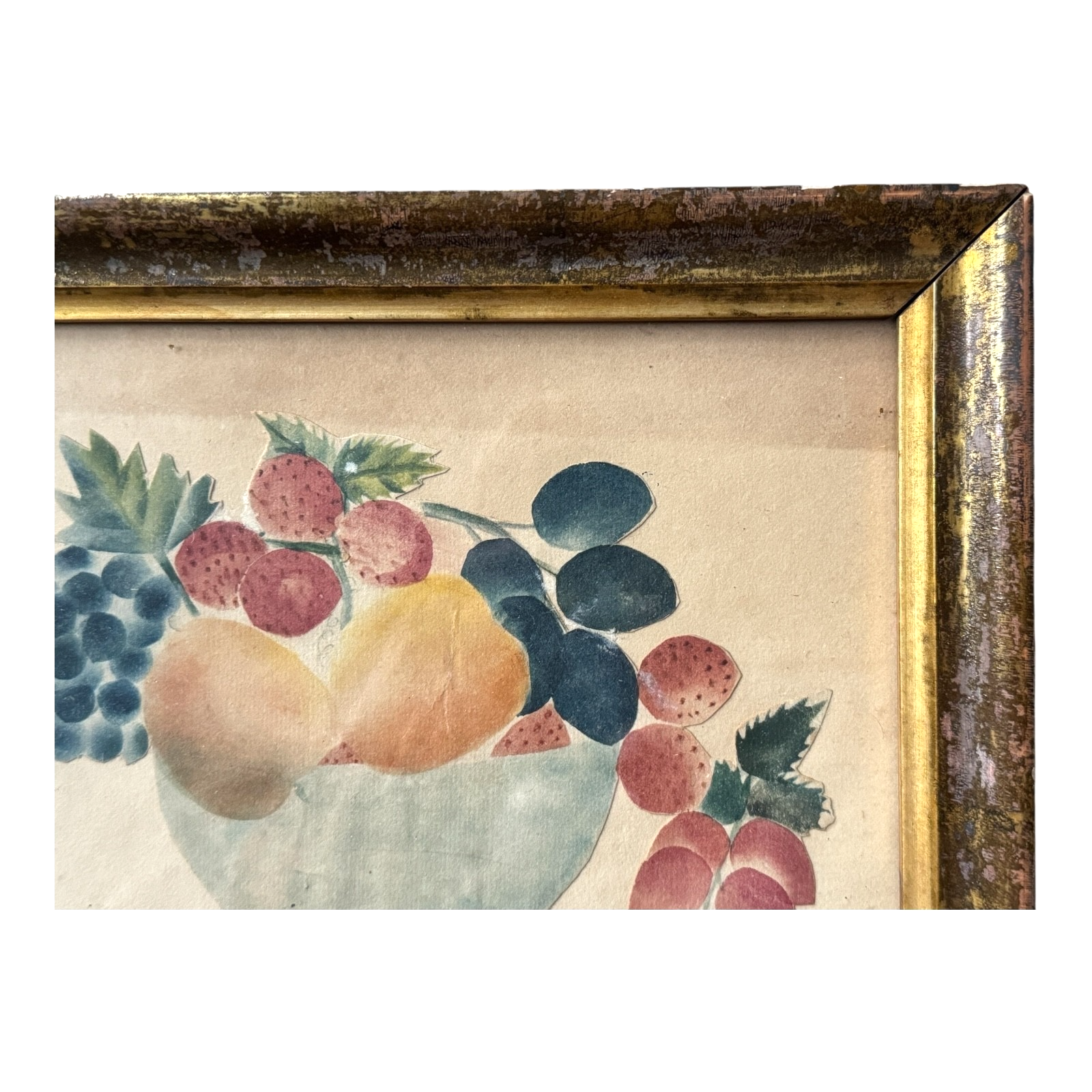 Antique Folk Art Watercolor Still Life Painting of Fruit Bowl - Gilt Wood Frame