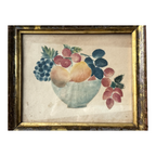 Antique Folk Art Watercolor Still Life Painting of Fruit Bowl - Gilt Wood Frame