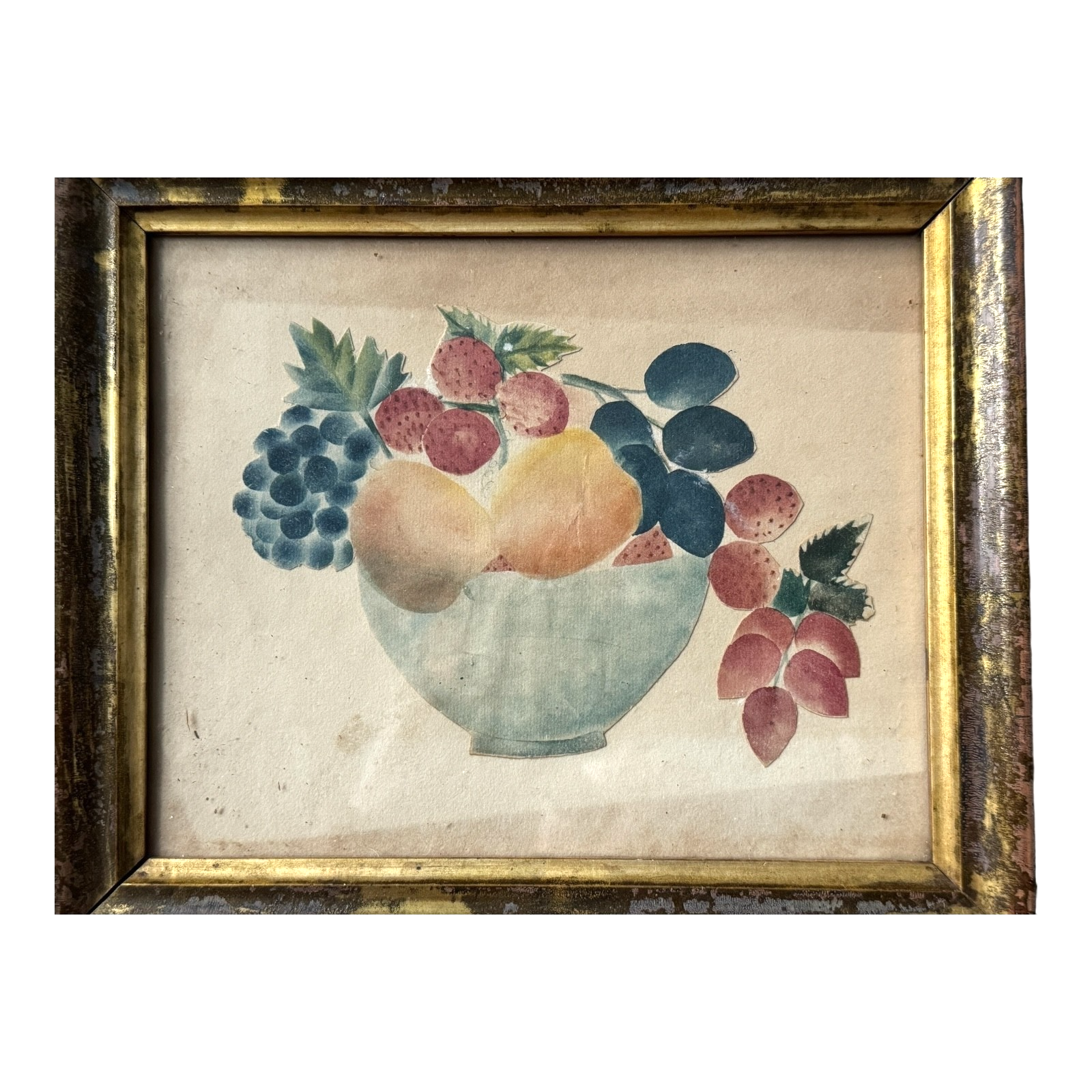 Antique Folk Art Watercolor Still Life Painting of Fruit Bowl - Gilt Wood Frame