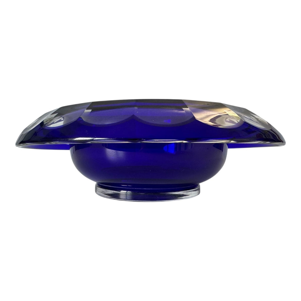 Vintage Moser Cut to Clear Blue Art Glass Centerpiece Bowl with Rolled Rim