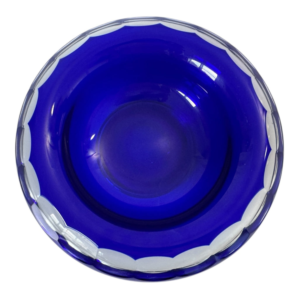 Vintage Moser Cut to Clear Blue Art Glass Centerpiece Bowl with Rolled Rim