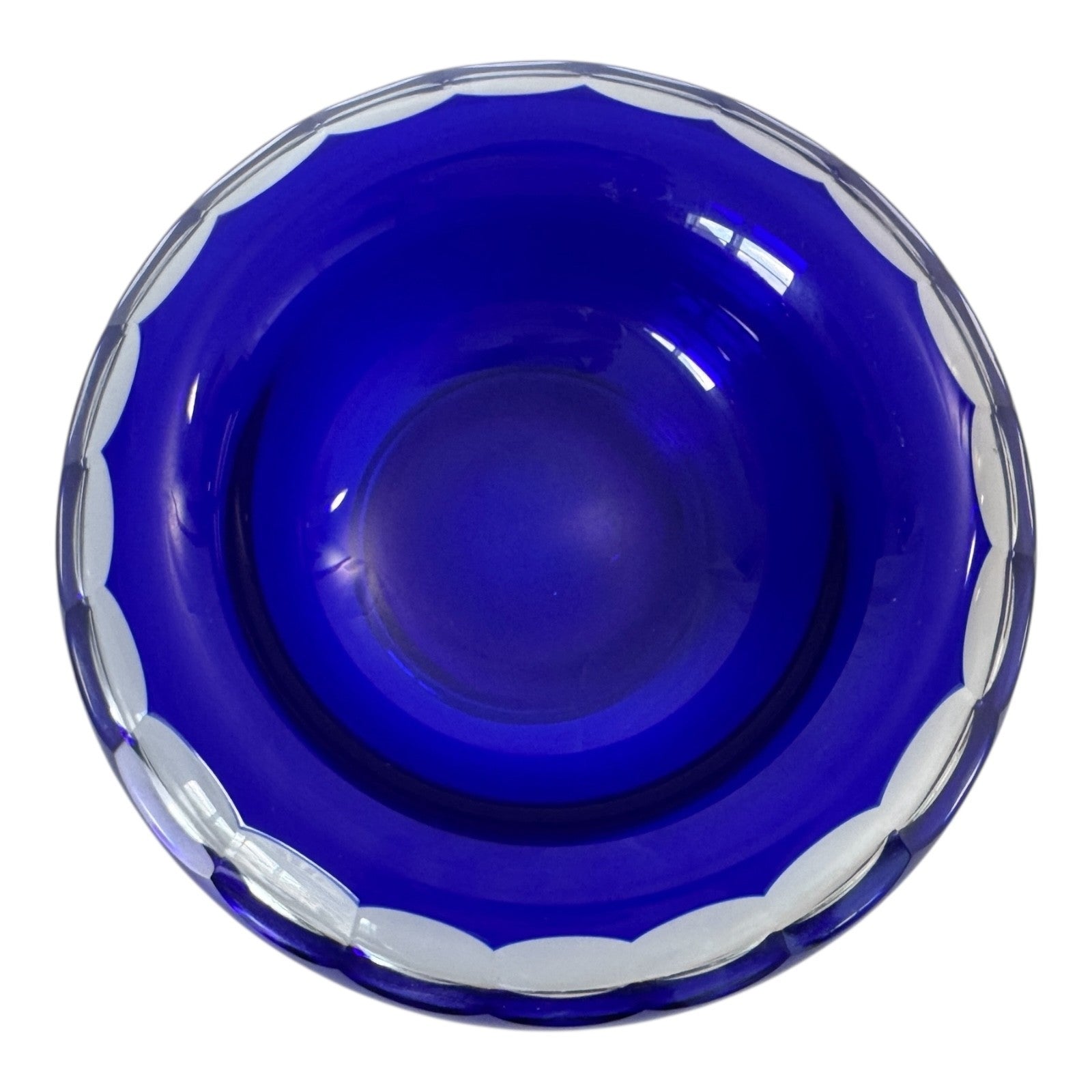 Vintage Moser Cut to Clear Blue Art Glass Centerpiece Bowl with Rolled Rim