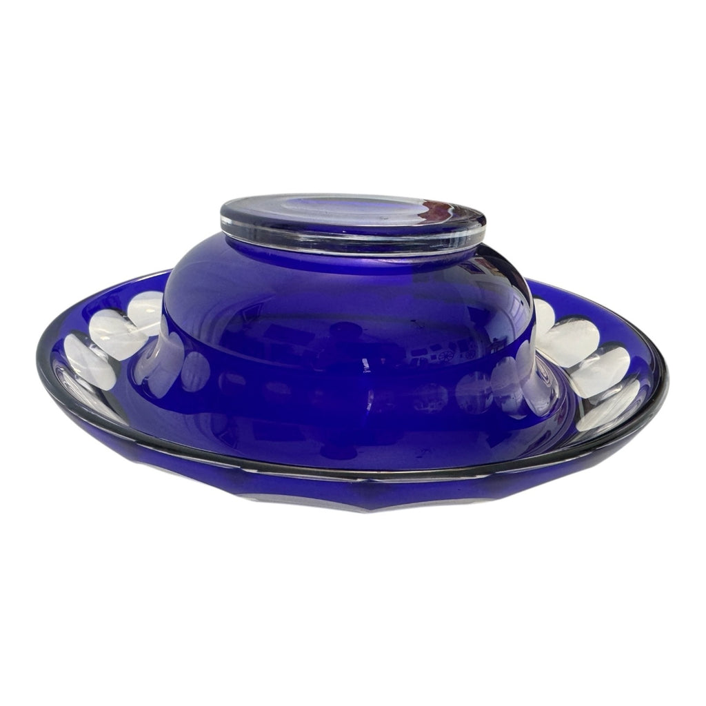 Vintage Moser Cut to Clear Blue Art Glass Centerpiece Bowl with Rolled Rim