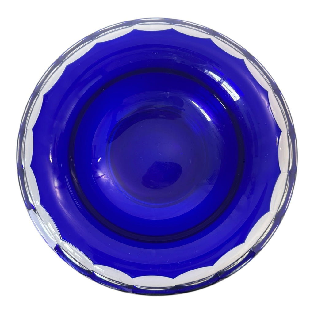 Vintage Moser Cut to Clear Blue Art Glass Centerpiece Bowl with Rolled Rim