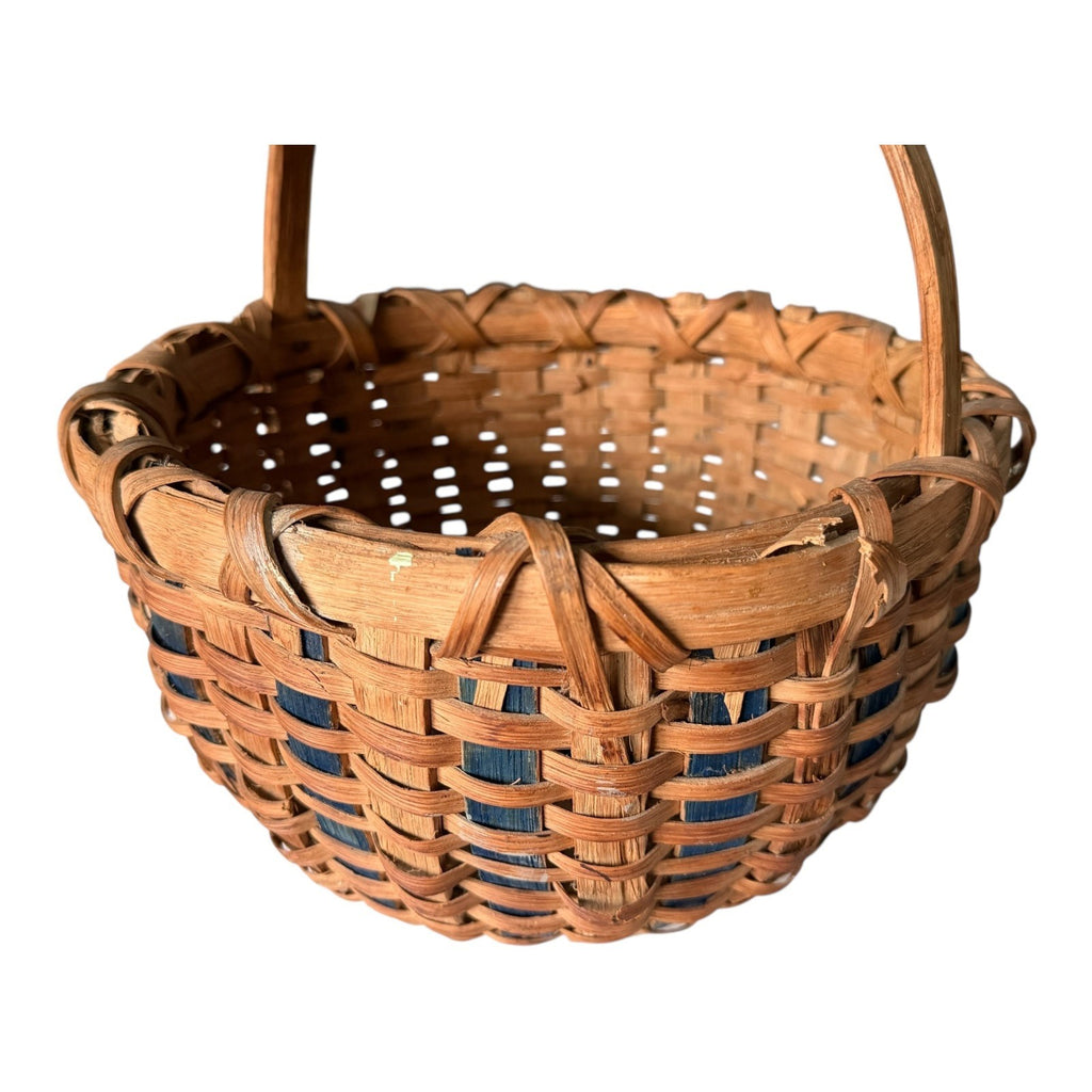 Vintage Handwoven Split Oak Buttocks Gathering Basket with Blue Accent
