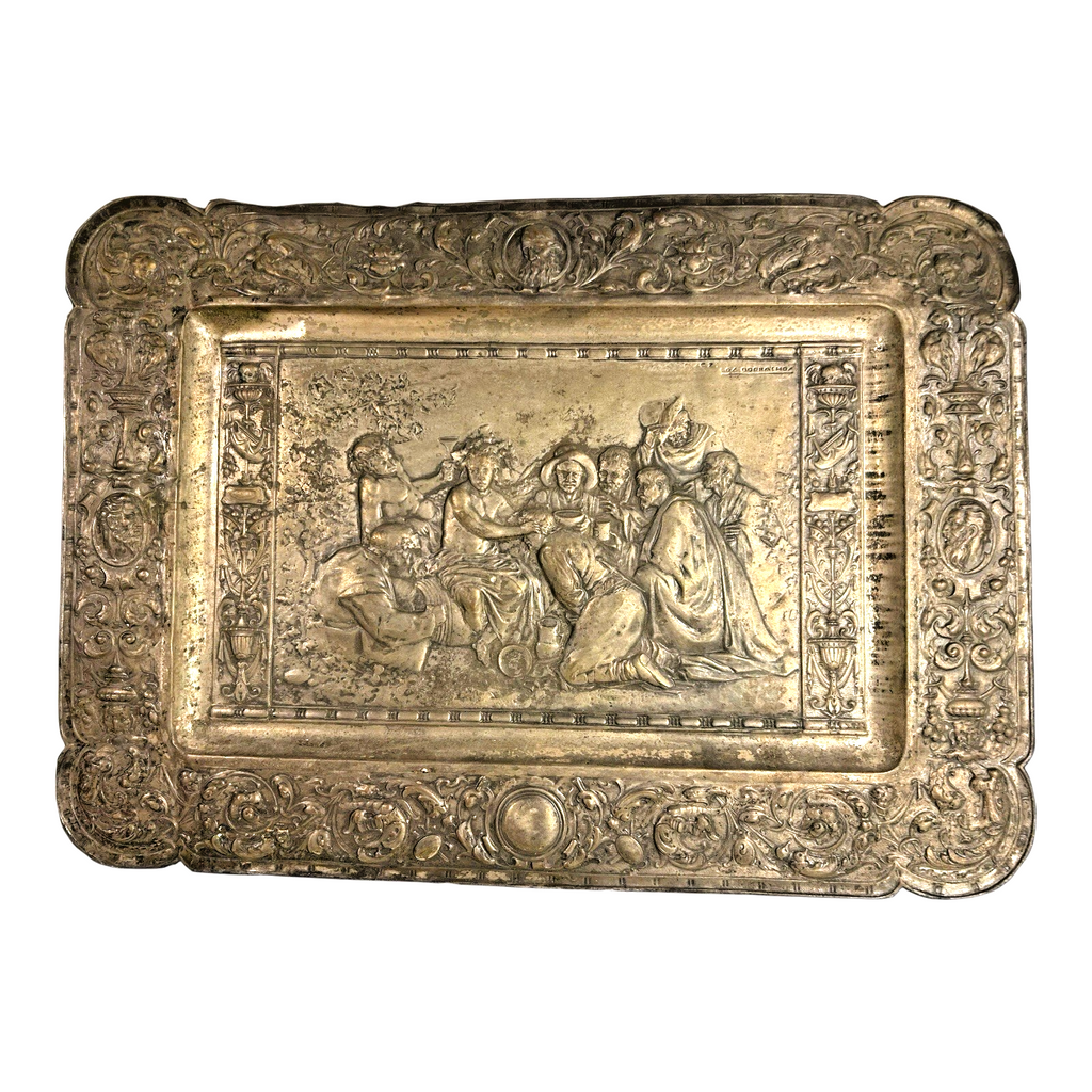 Antique Repousse Copper Relief Plaque Classical Figural Scene Wall Hanging