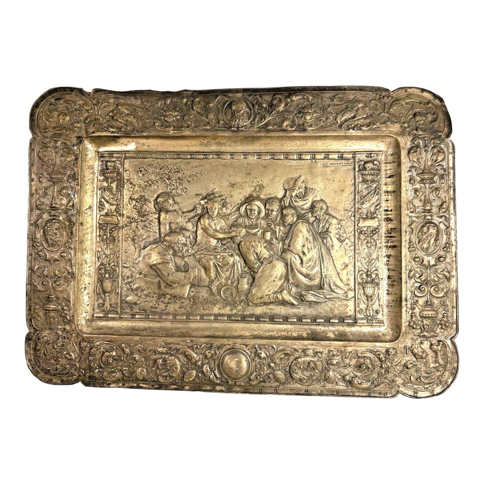 Antique Repousse Copper Relief Plaque Classical Figural Scene Wall Hanging
