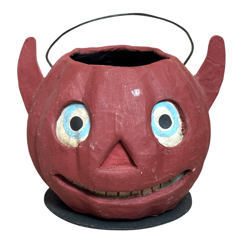 Vintage Original German Paper Mache Halloween Devil Jack O' Lantern Candy Pail