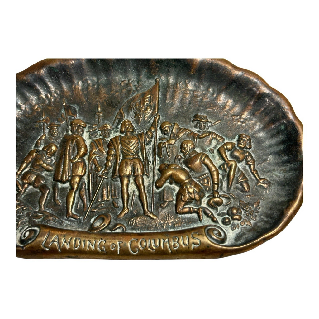 Antique Brass Landing of Christopher Columbus Bas Relief Dish