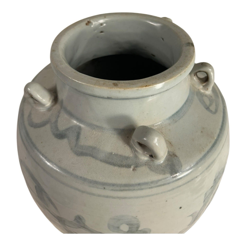 Antique Asian Pottery Dragon Ewer Pitcher Jug - Gray Glaze & Double Ring Handles