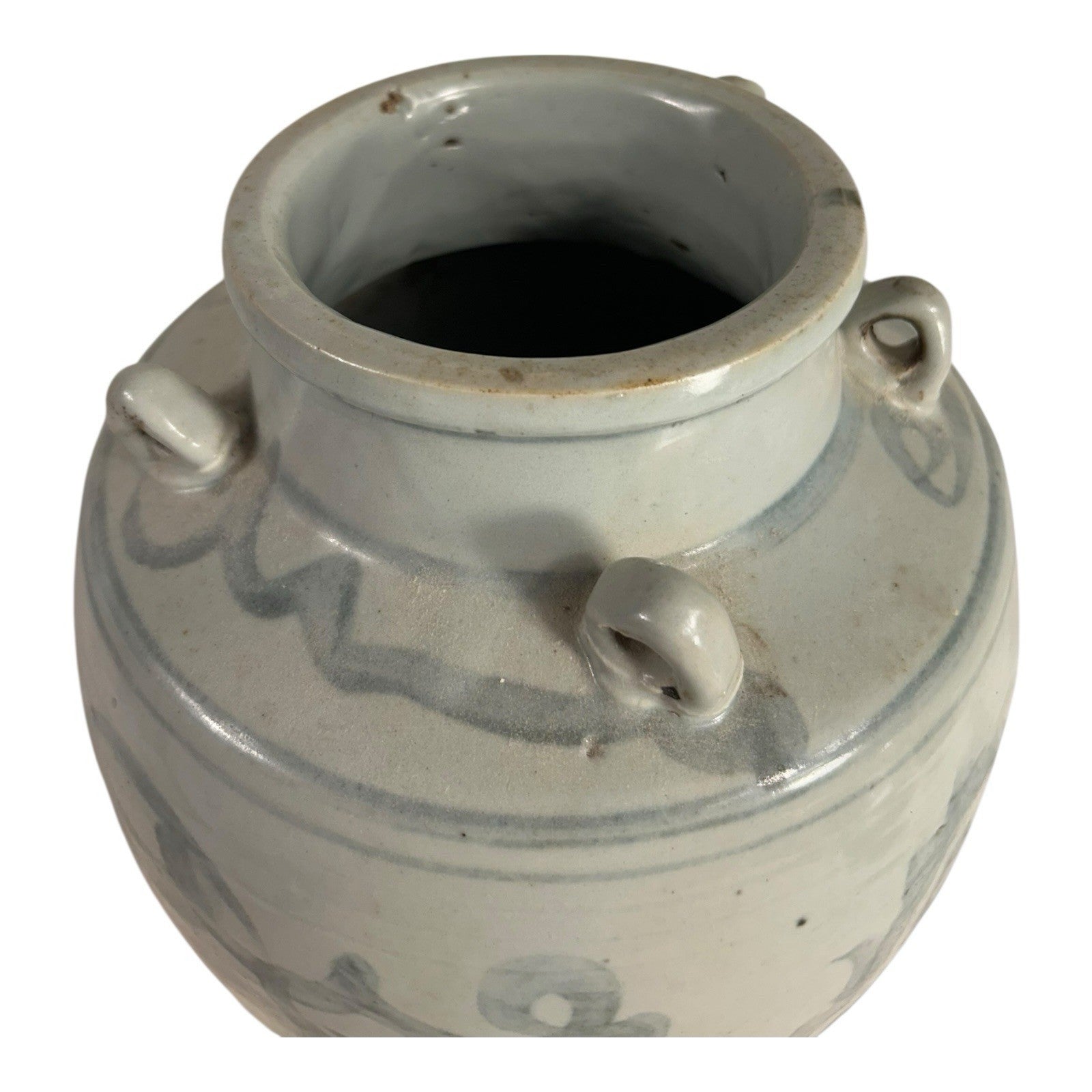 Antique Asian Pottery Dragon Ewer Pitcher Jug - Gray Glaze & Double Ring Handles