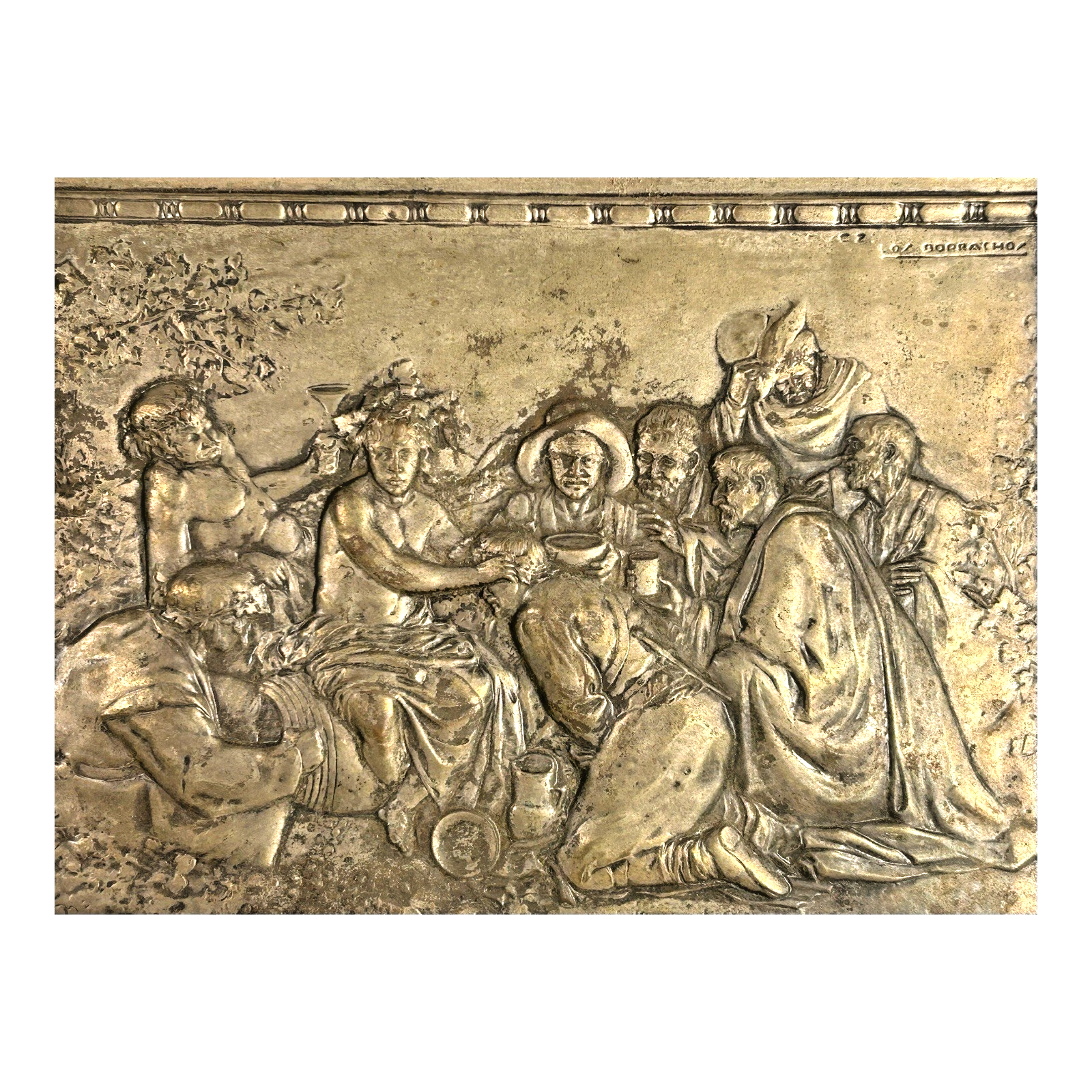 Antique Repousse Copper Relief Plaque Classical Figural Scene Wall Hanging