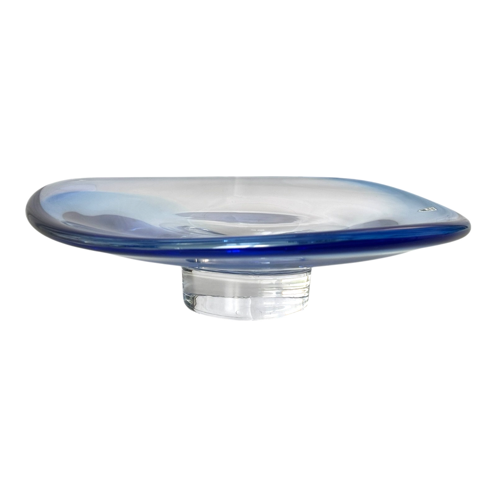 Vintage Orrefors Sweden Blue Footed Art Glass Centerpiece Dish