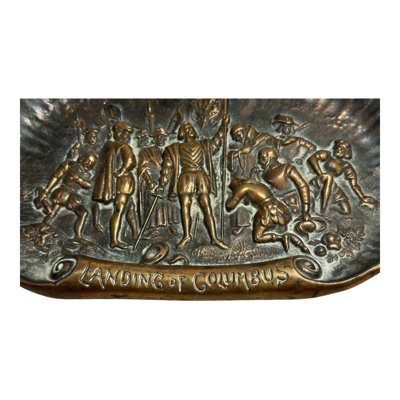 Antique Brass Landing of Christopher Columbus Bas Relief Dish
