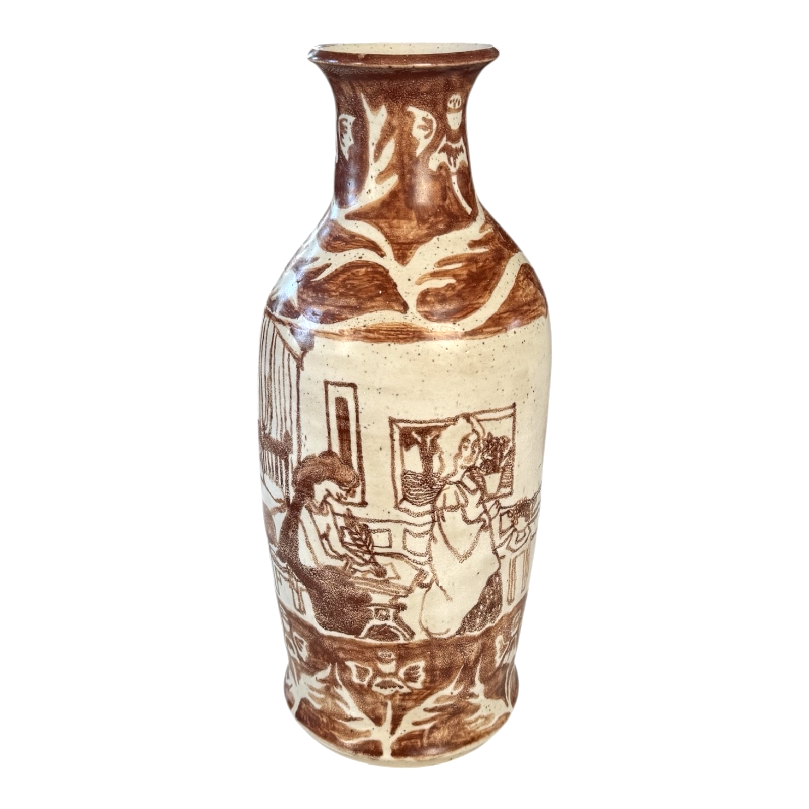 Vintage Tall Handmade Studio Art Pottery Stoneware Vase - Cream & Brown Glaze