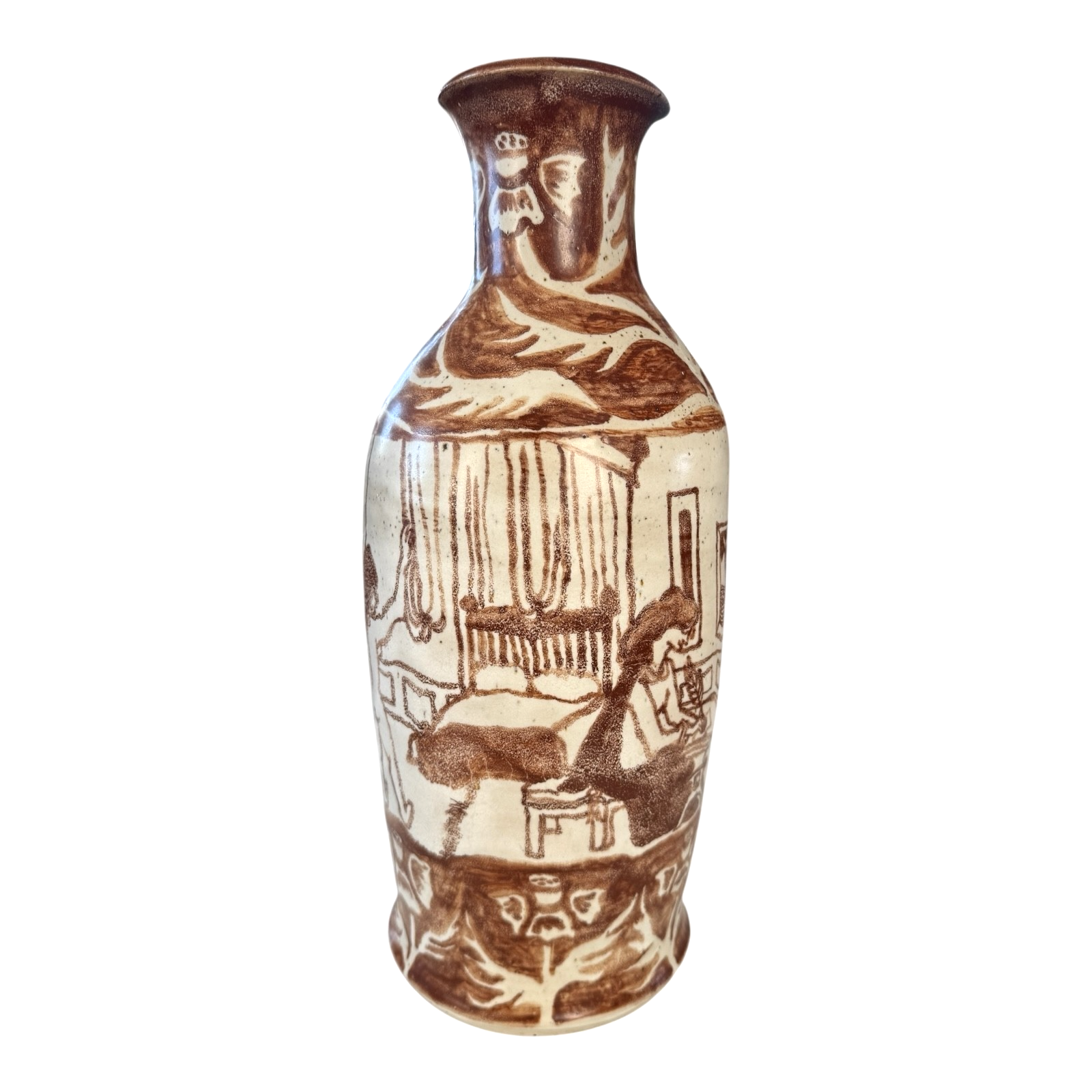 Vintage Tall Handmade Studio Art Pottery Stoneware Vase - Cream & Brown Glaze