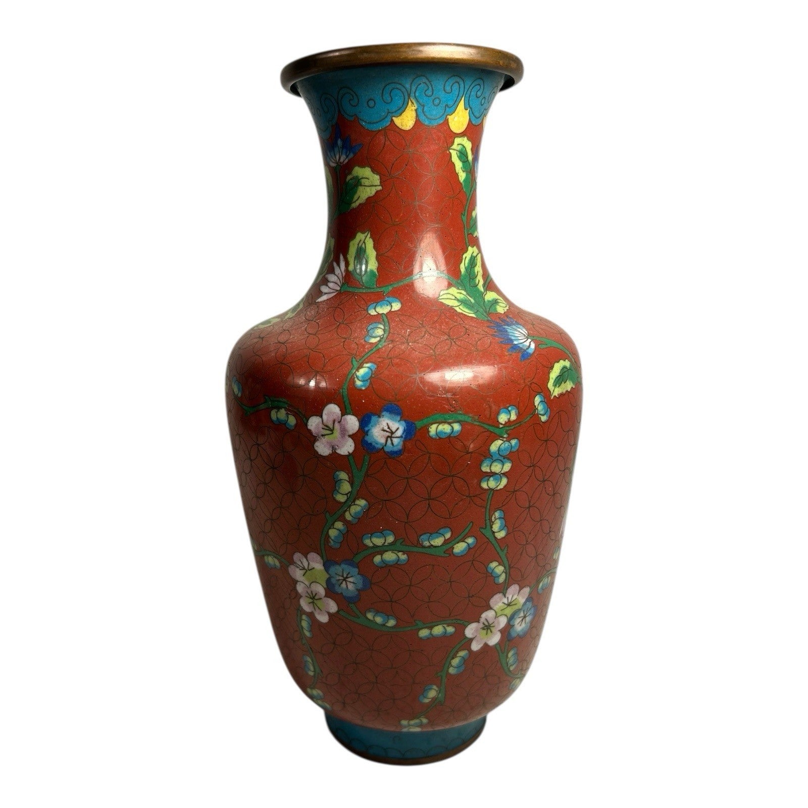 Antique Chinese Cloisonne Red Floral Vase