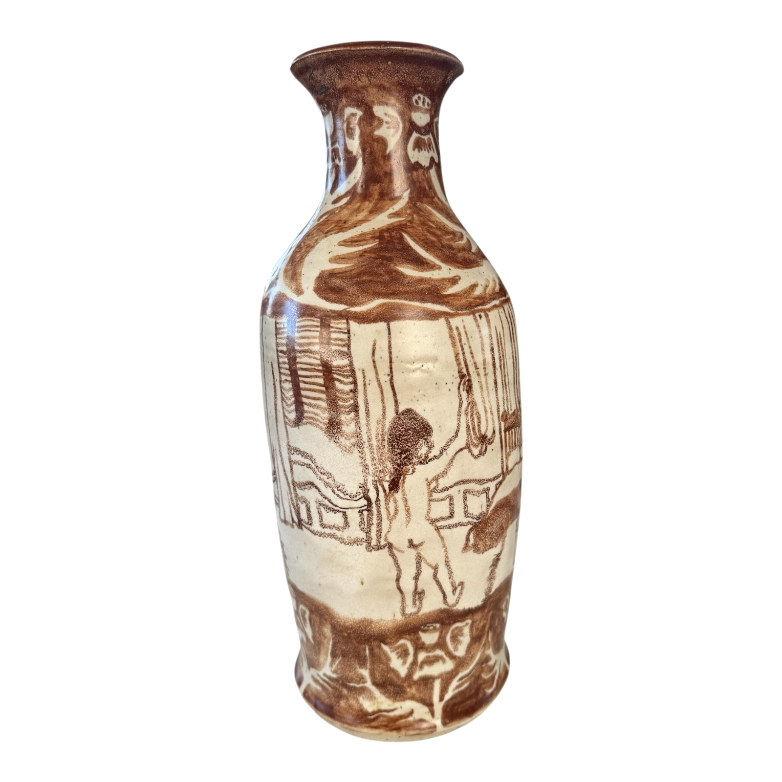 Vintage Tall Handmade Studio Art Pottery Stoneware Vase - Cream & Brown Glaze