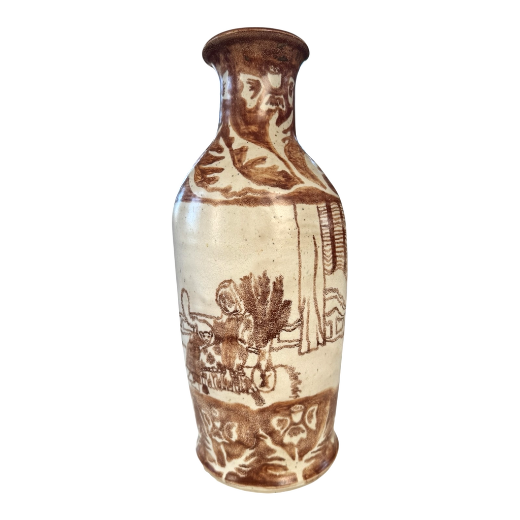 Vintage Tall Handmade Studio Art Pottery Stoneware Vase - Cream & Brown Glaze