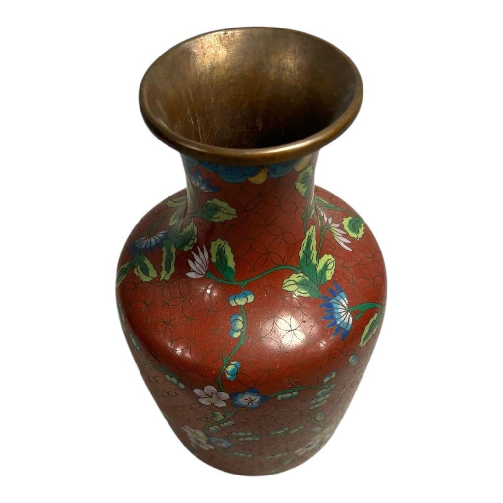Antique Chinese Cloisonne Red Floral Vase