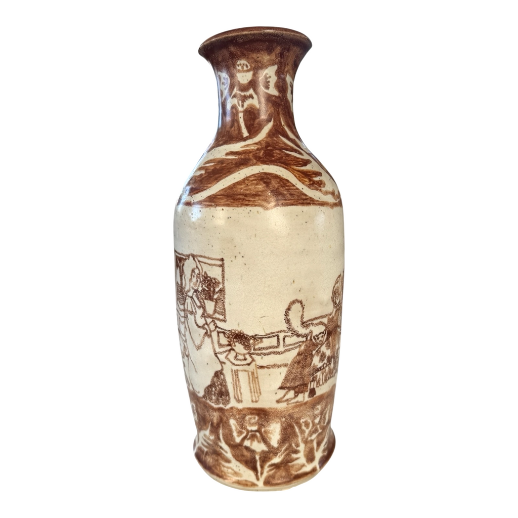 Vintage Tall Handmade Studio Art Pottery Stoneware Vase - Cream & Brown Glaze