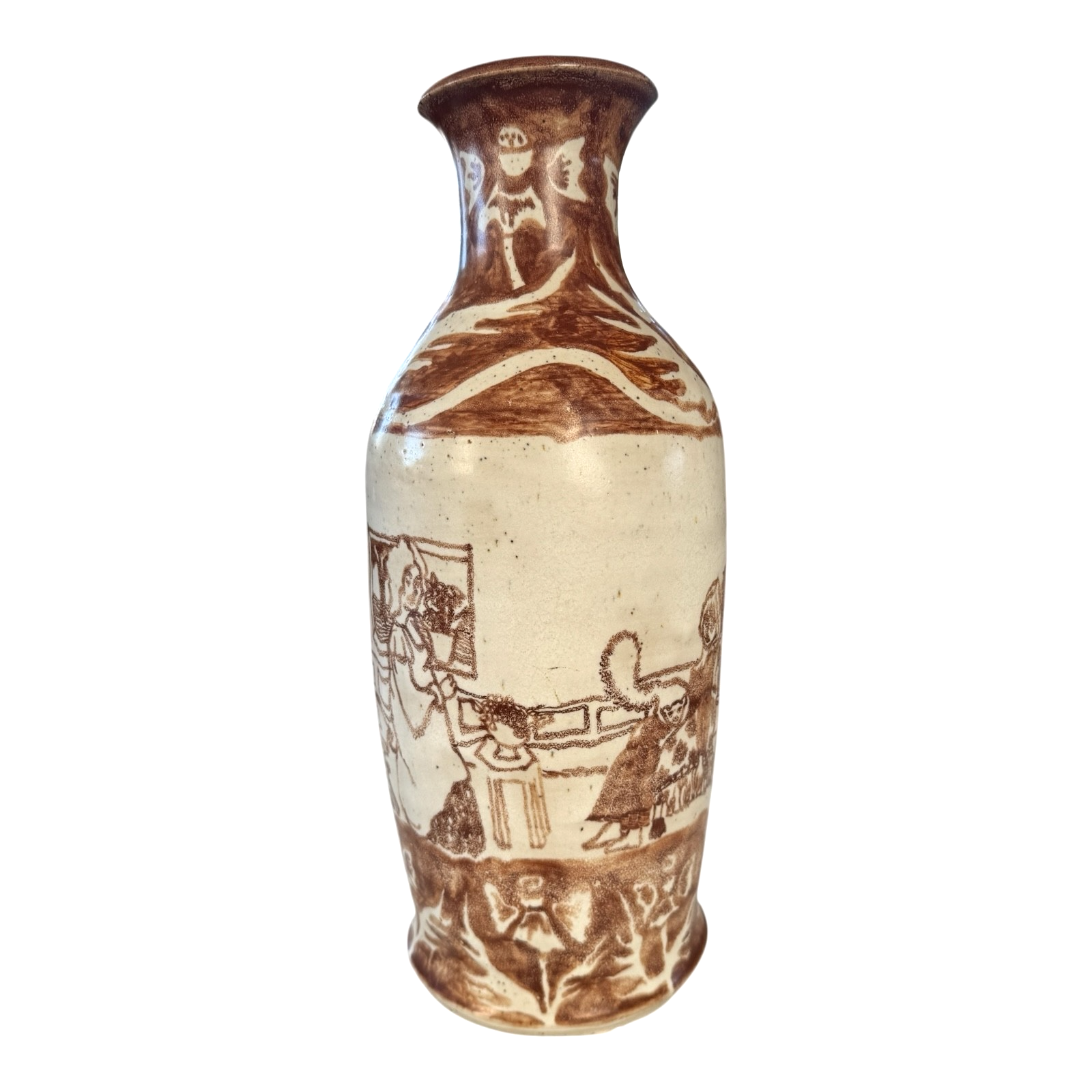 Vintage Tall Handmade Studio Art Pottery Stoneware Vase - Cream & Brown Glaze