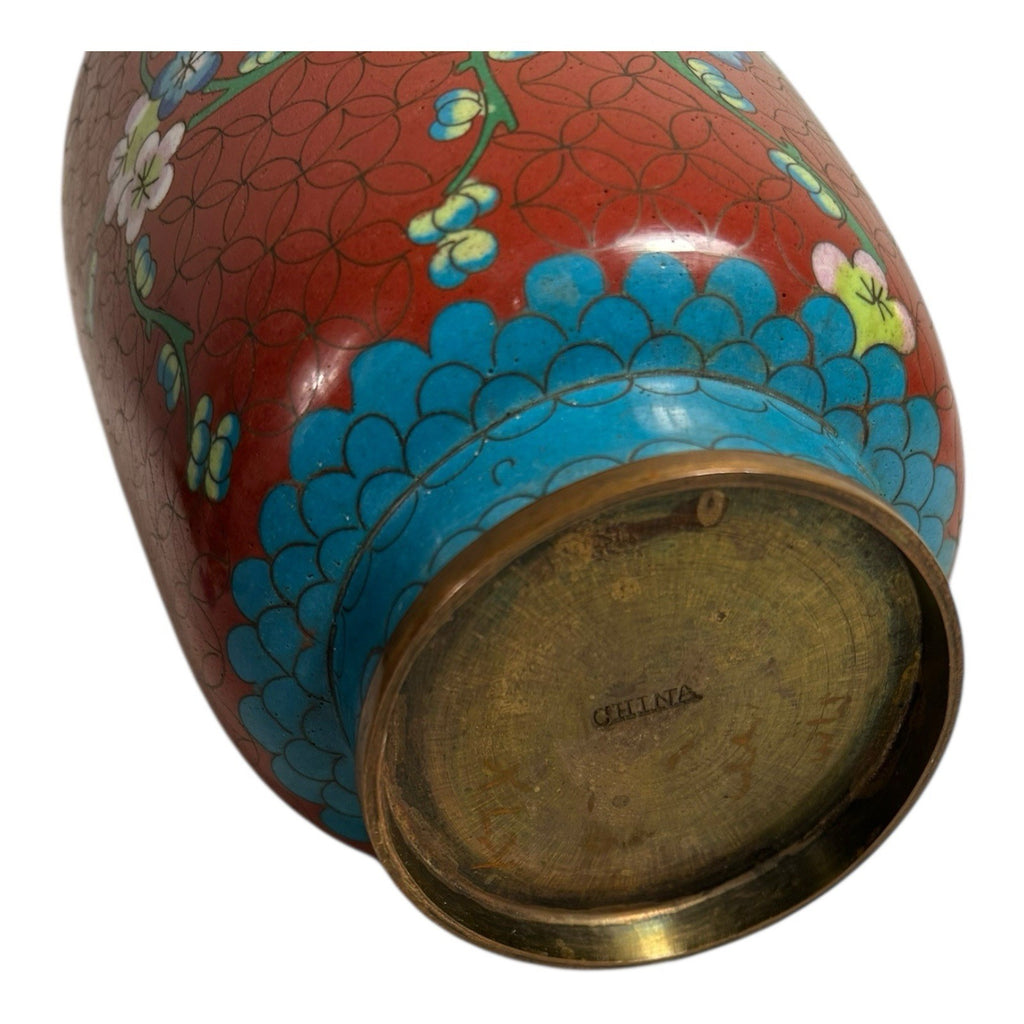 Antique Chinese Cloisonne Red Floral Vase