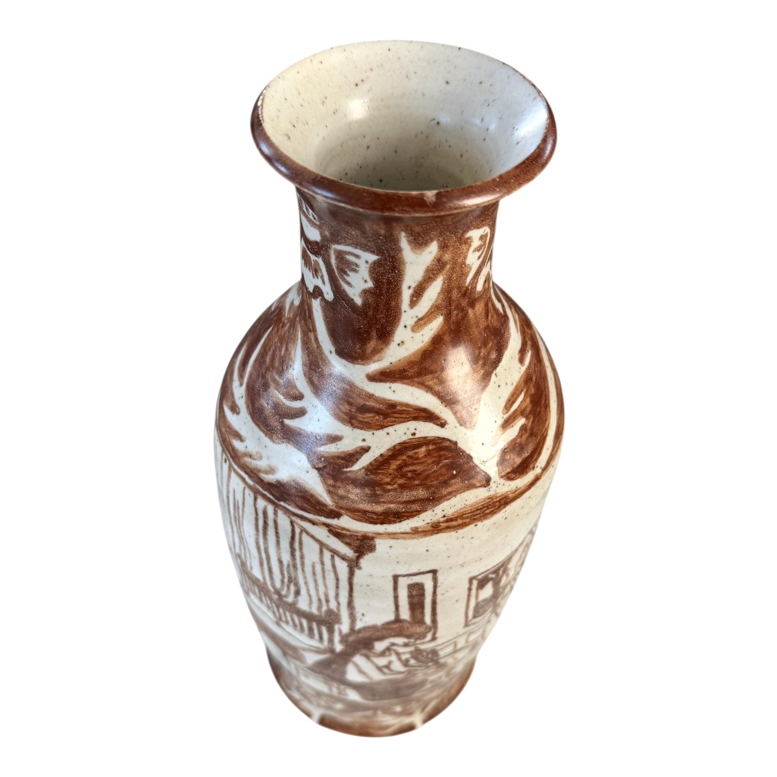 Vintage Tall Handmade Studio Art Pottery Stoneware Vase - Cream & Brown Glaze