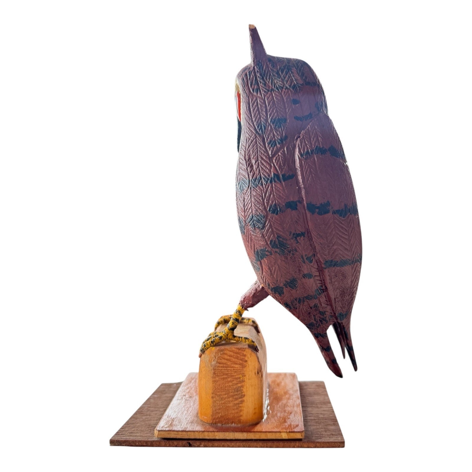 Vintage Carved Folk Art Wood Owl Sculpture Glass Eyes - Signed by Carl Scharver