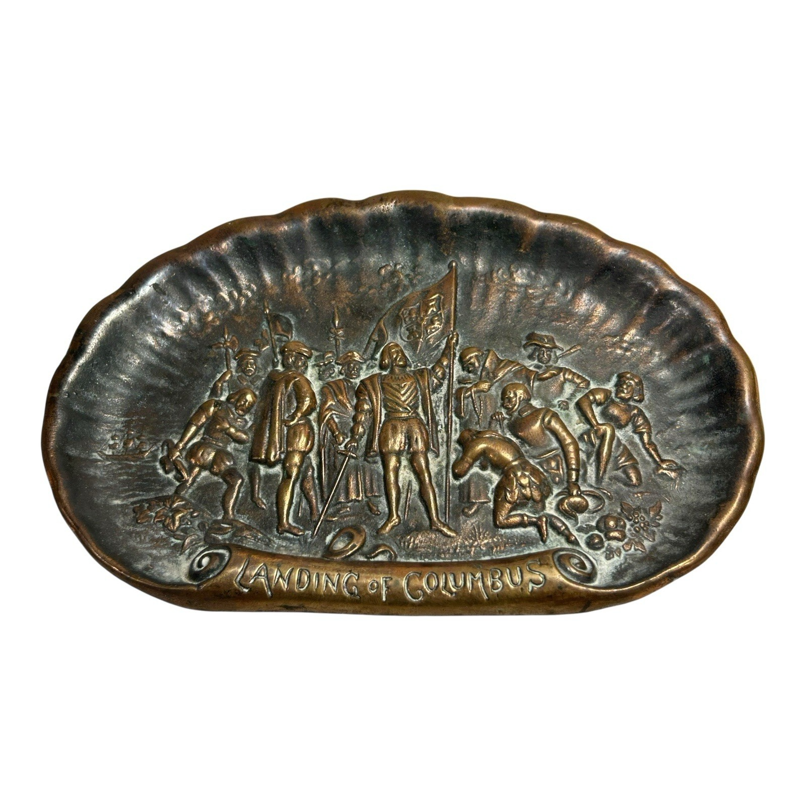 Antique Brass Landing of Christopher Columbus Bas Relief Dish