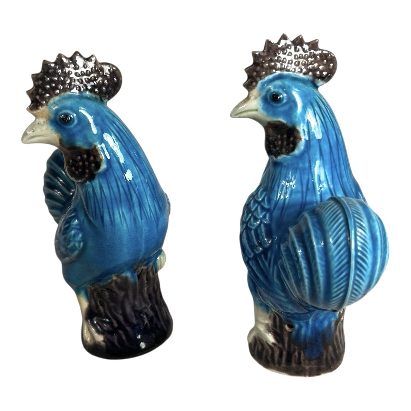 Antique Chinese Export Blue Turquoise Chickens Lot of 2