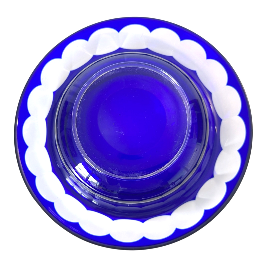 Vintage Moser Cut to Clear Blue Art Glass Centerpiece Bowl with Rolled Rim